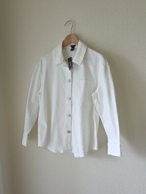 Express White Denim Shirt Jean Jacket Silver Buttons Sz M NEW Cottage Core